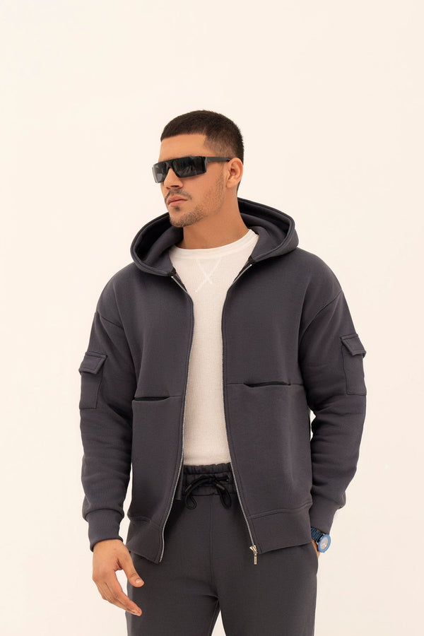STEEL GRAY CARGO ZIP-UP HOODIE