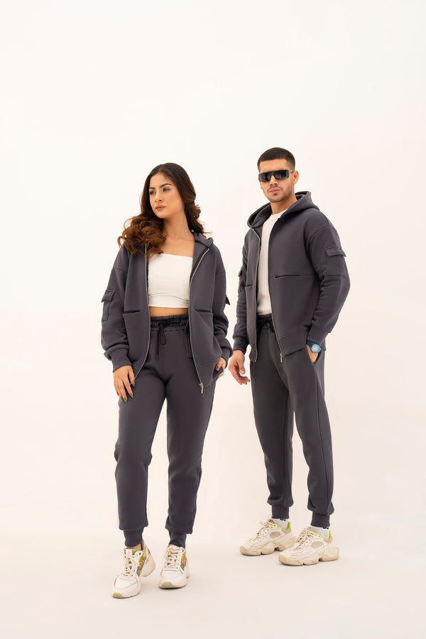 UNISEX STEEL GRAY CARGO ZIP-UP HOODIE AND JOGGER PANT CO-ORD SET