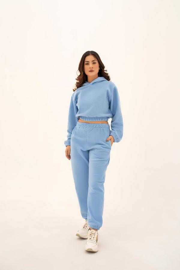 WOMEN SKY BLUE POLAR FLEECE CROP HOODIE & JOGGER PANT CO-ORD SET