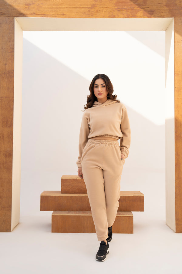 WOMEN KHAKI POLAR FLEECE CROP HOODIE & JOGGER PANT CO-ORD SET