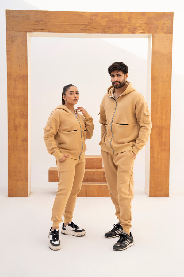 UNISEX BEIGE CARGO ZIP-UP HOODIE AND JOOGER PANT CO-ORD SET